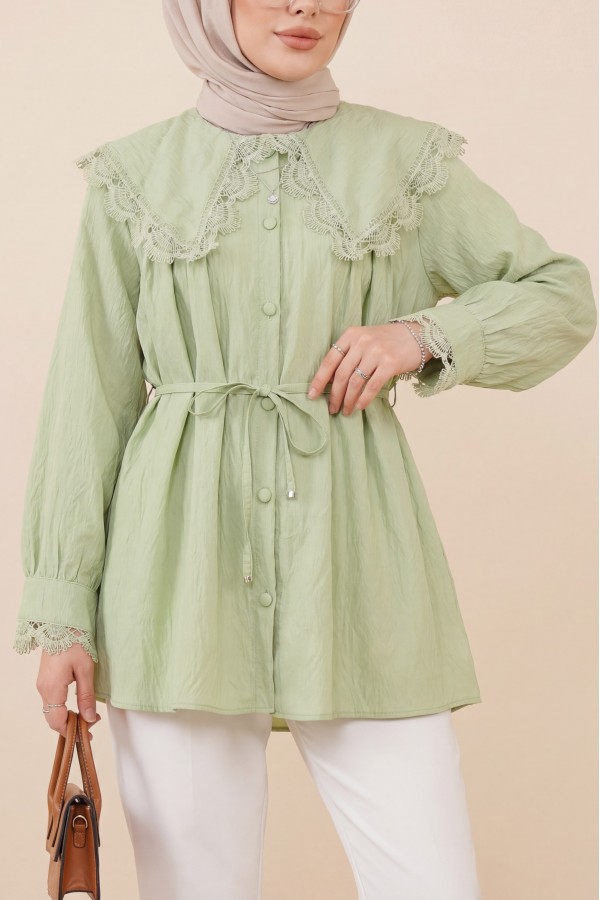 تونيك من قماش المودال بياقة بيتر بان، مكشكش، وخصر برباط  -كاجلا جرين