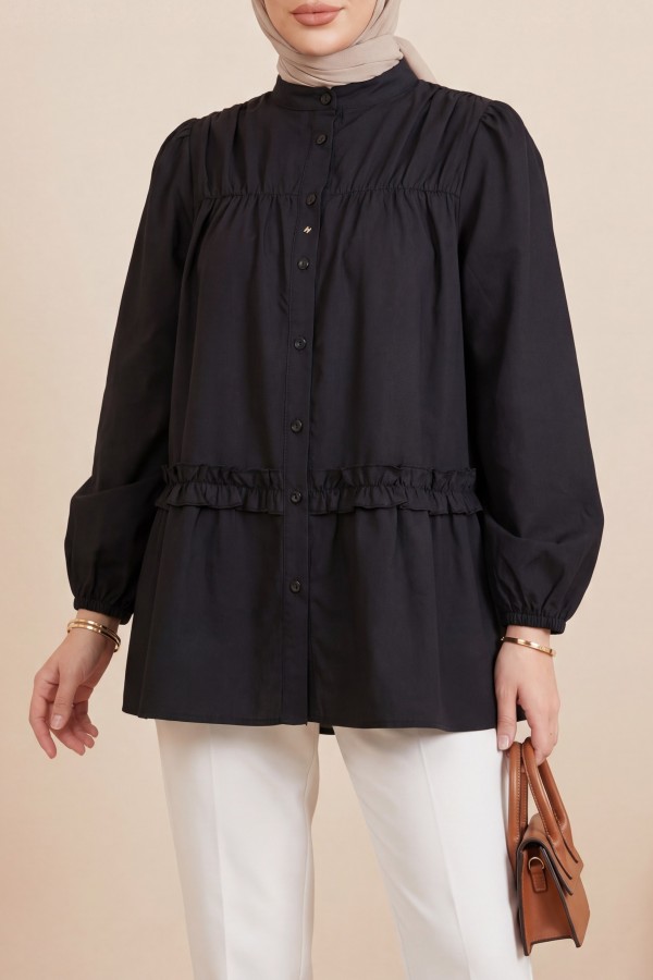 Robadan Lastikli Eteği Fırfırlı Düğmeli Poplin Tunik -Siyah