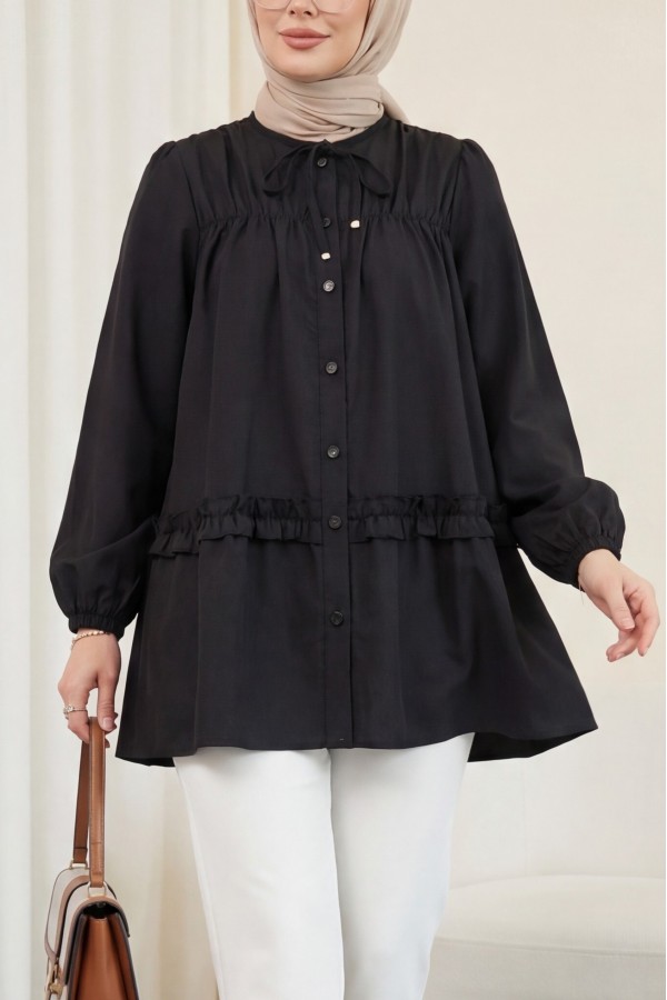 Robadan Lastikli Eteği Fırfırlı Düğmeli Poplin Tunik -Siyah