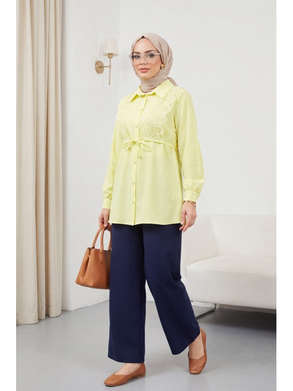 Buttoned Poplin Shirt with Lace Tie Detail at the Front -Light yellow