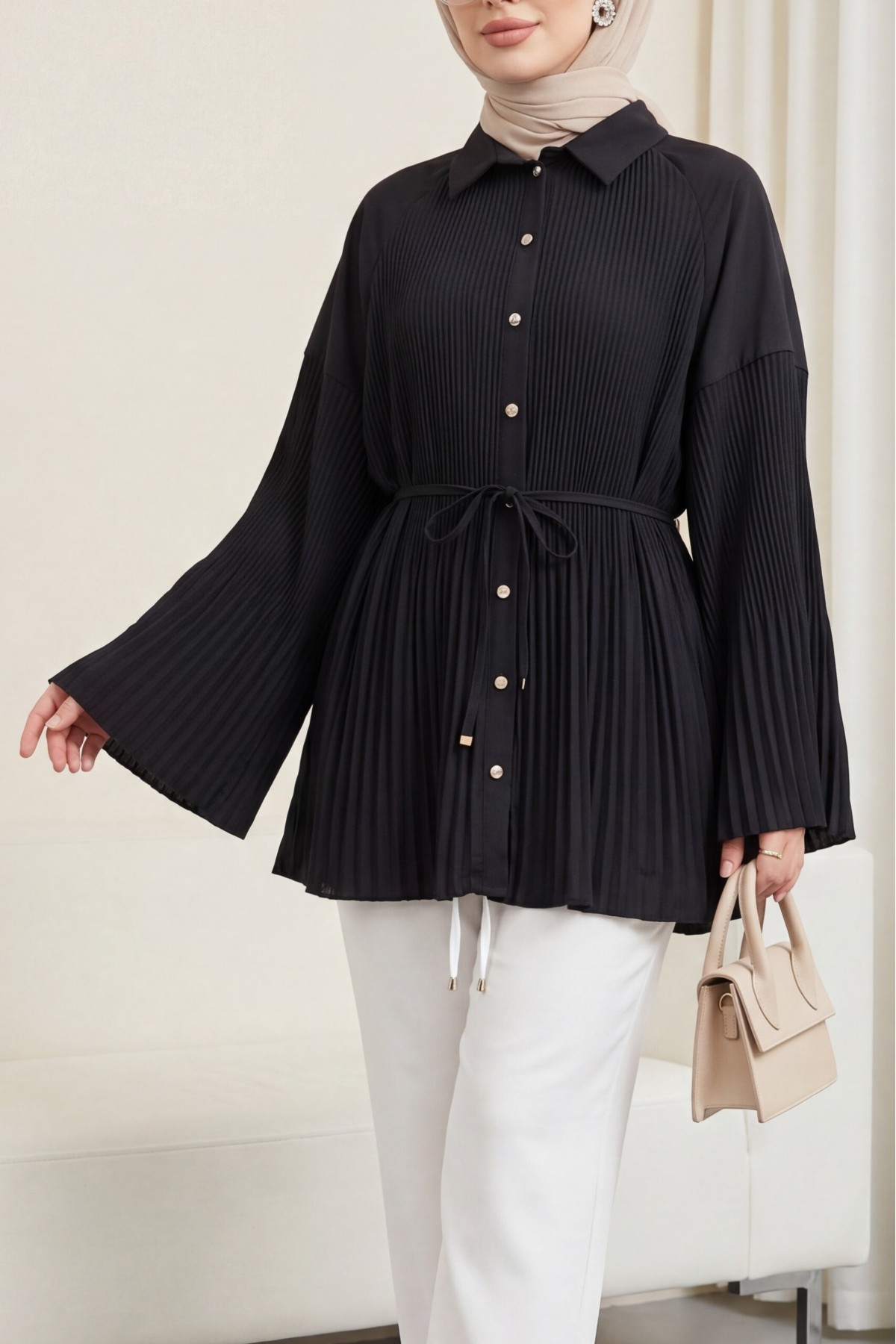 Belted, Rhinestone and Buttoned Pleated Poplin Tunic -Black