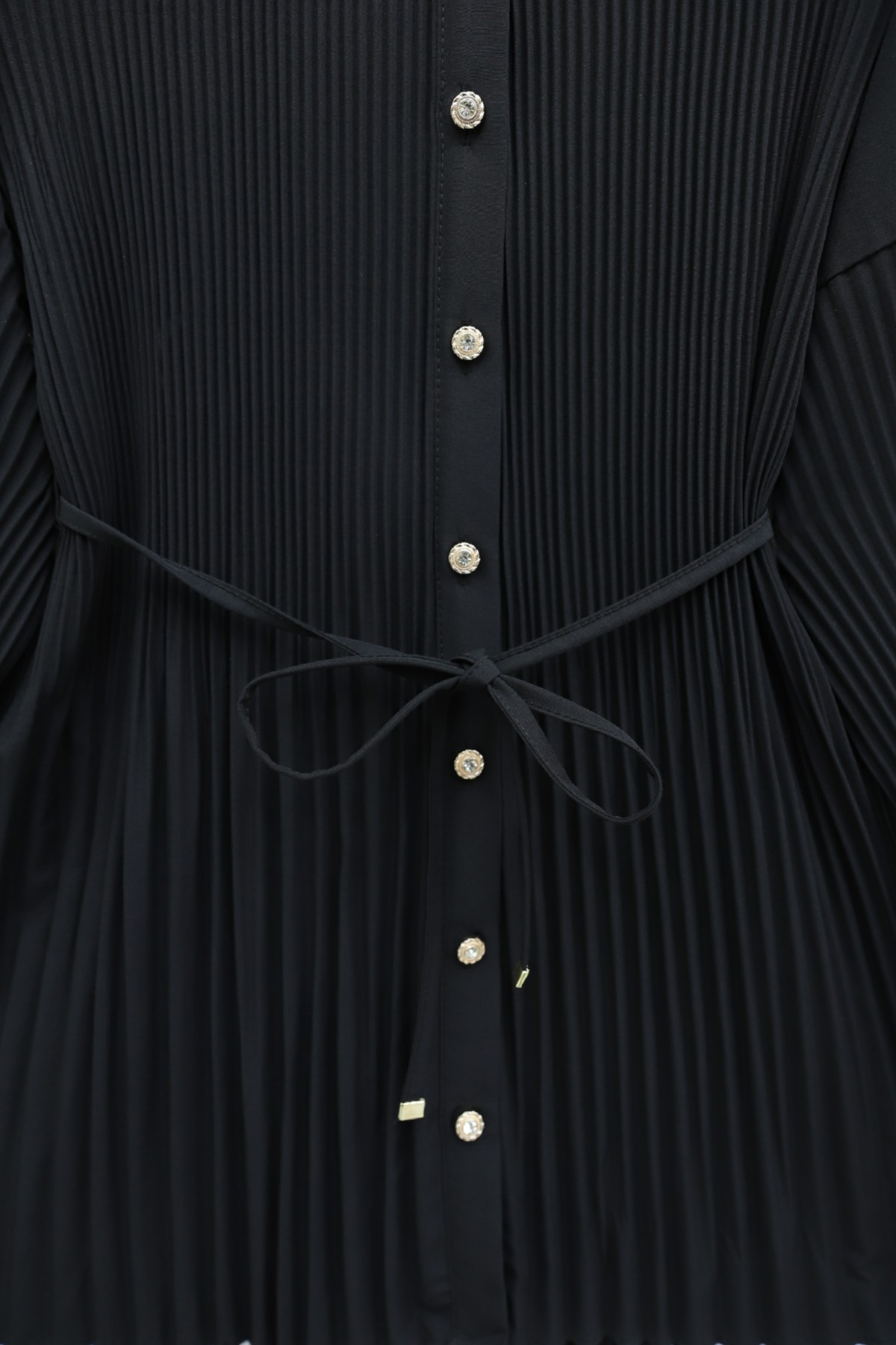 Belted, Rhinestone and Buttoned Pleated Poplin Tunic -Black