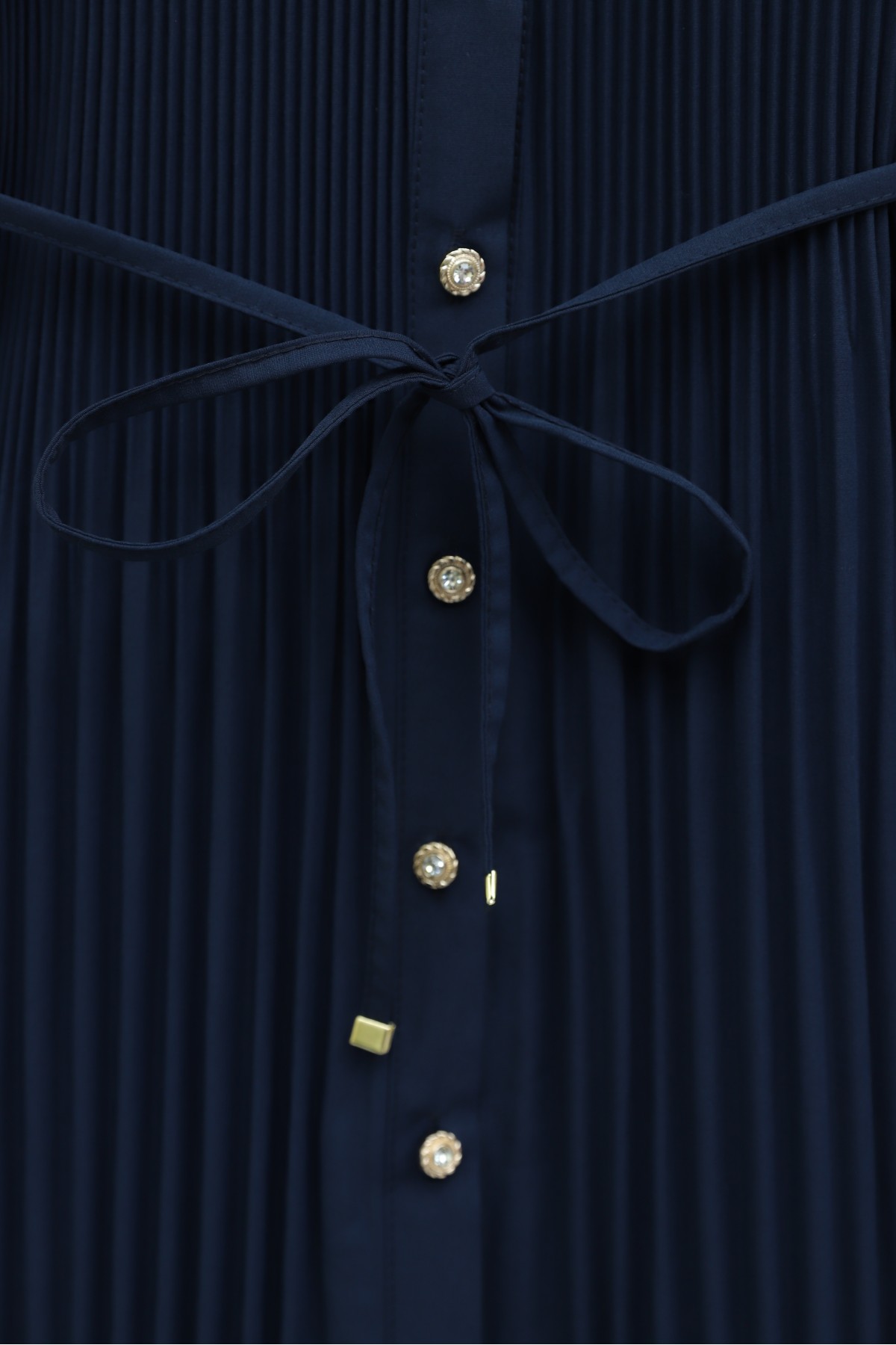 Belted, Rhinestone and Buttoned Pleated Poplin Tunic -Navy blue