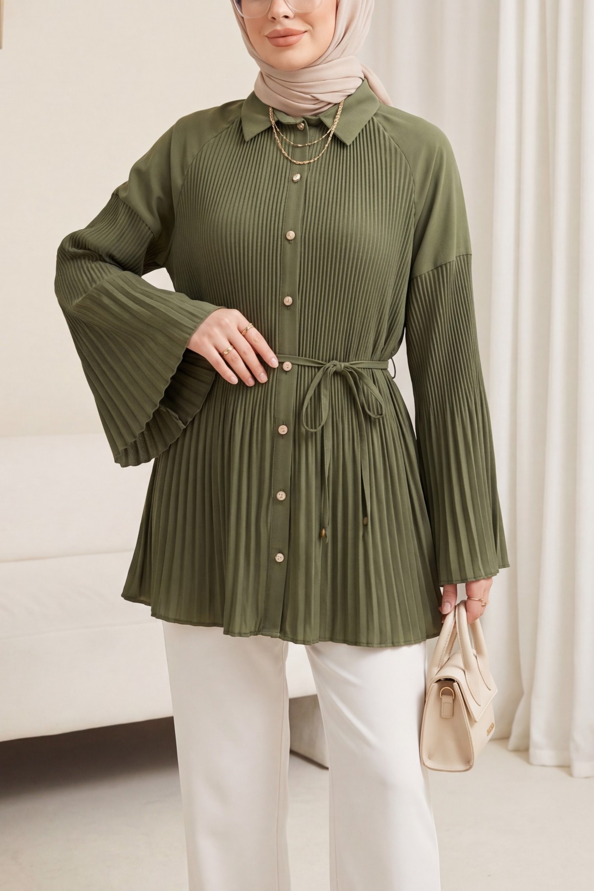 Belted, Rhinestone and Buttoned Pleated Poplin Tunic -Khaki