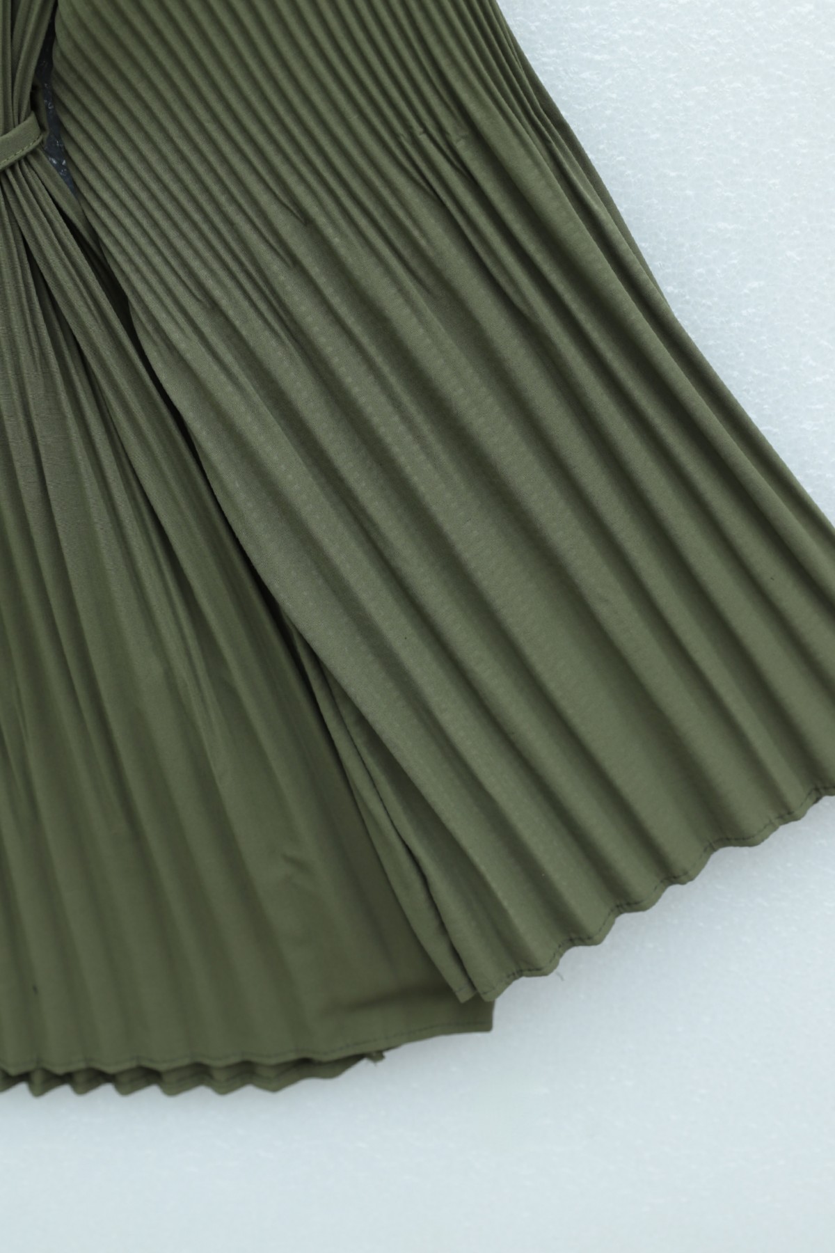 Belted, Rhinestone and Buttoned Pleated Poplin Tunic -Khaki