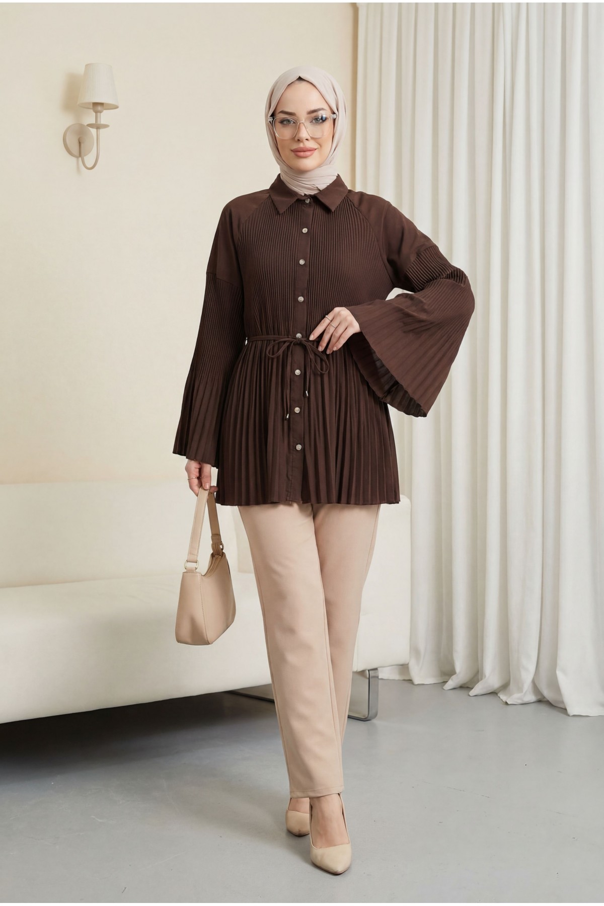 Belted, Rhinestone and Buttoned Pleated Poplin Tunic -Brown