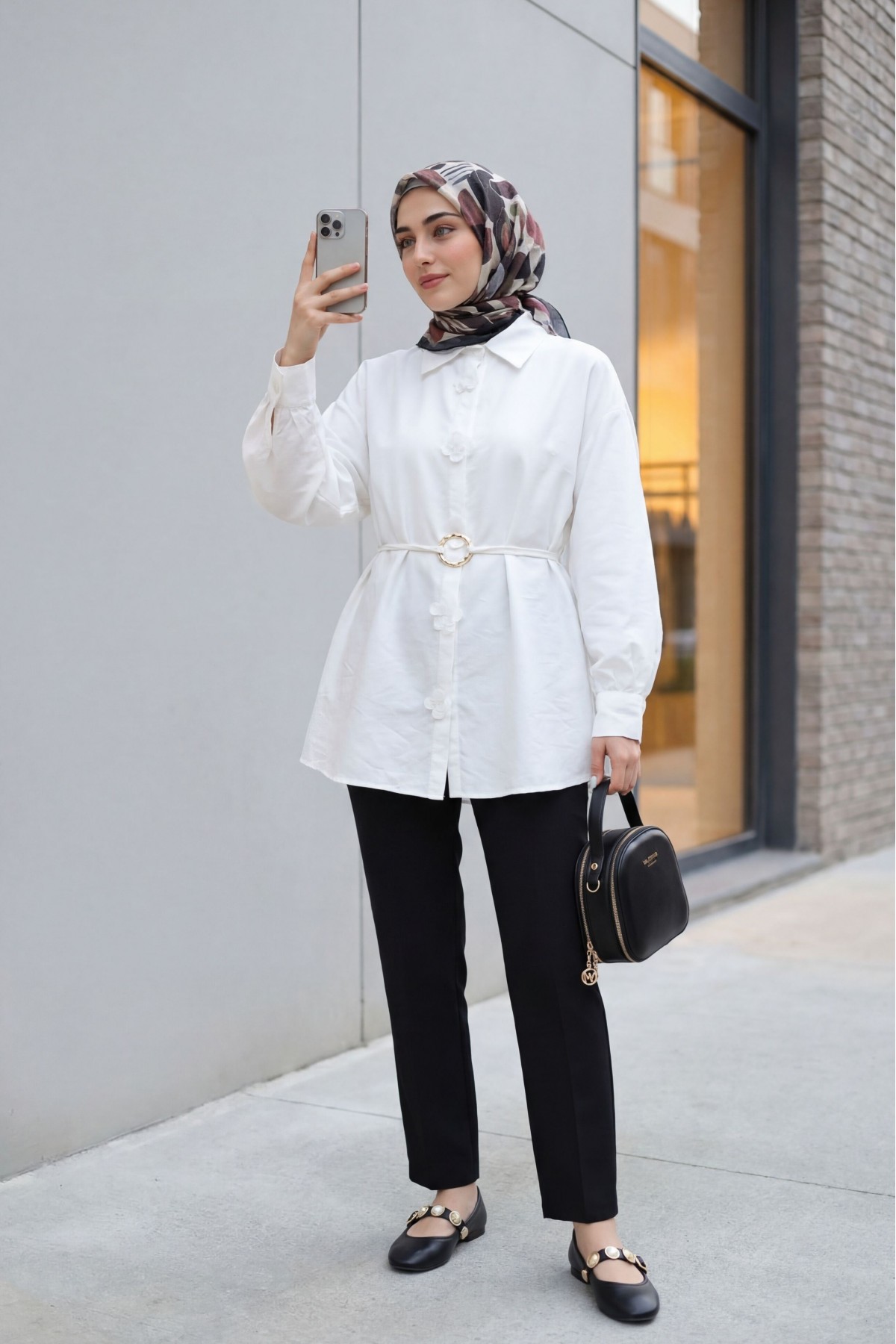 Modal Tunic with Floral Detail and Buckle Belt -White