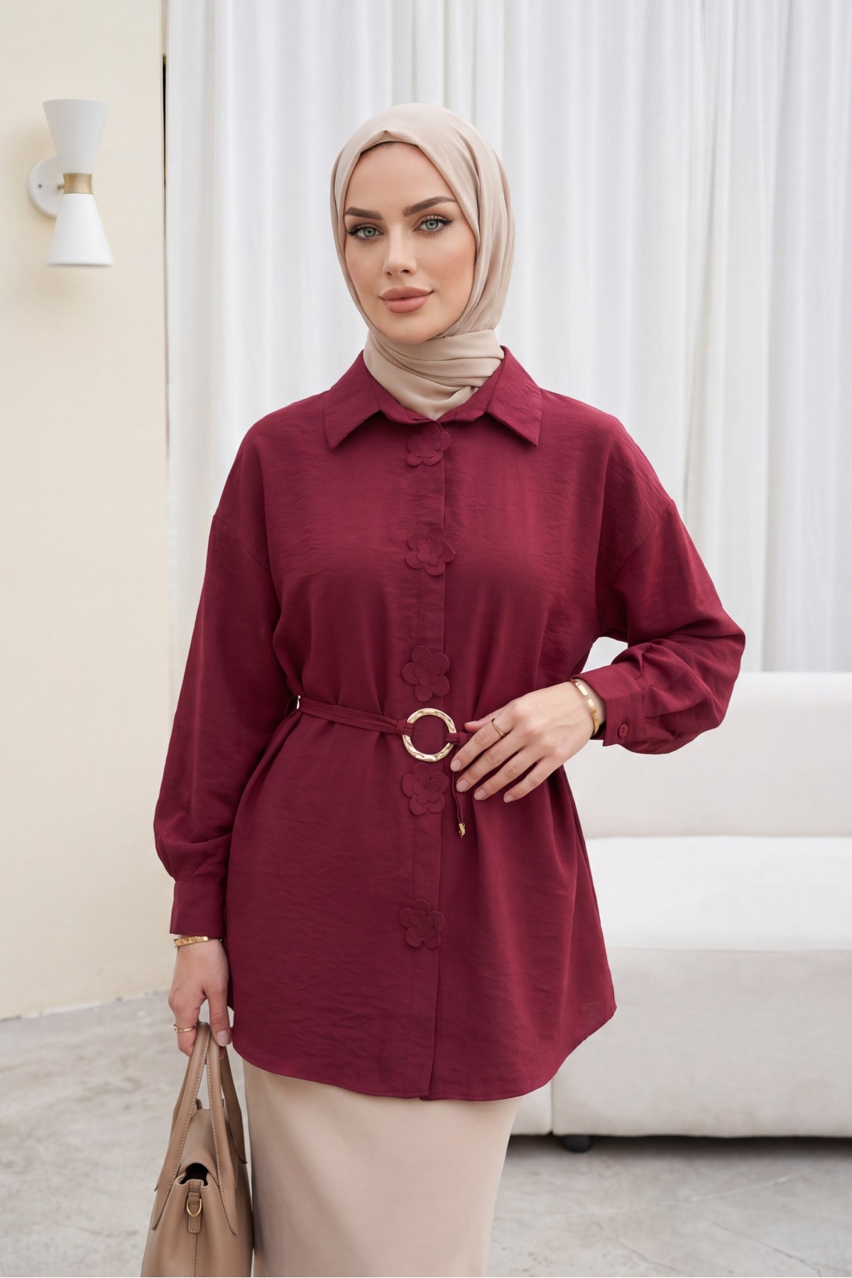 Modal Tunic with Floral Detail and Buckle Belt -Maroon