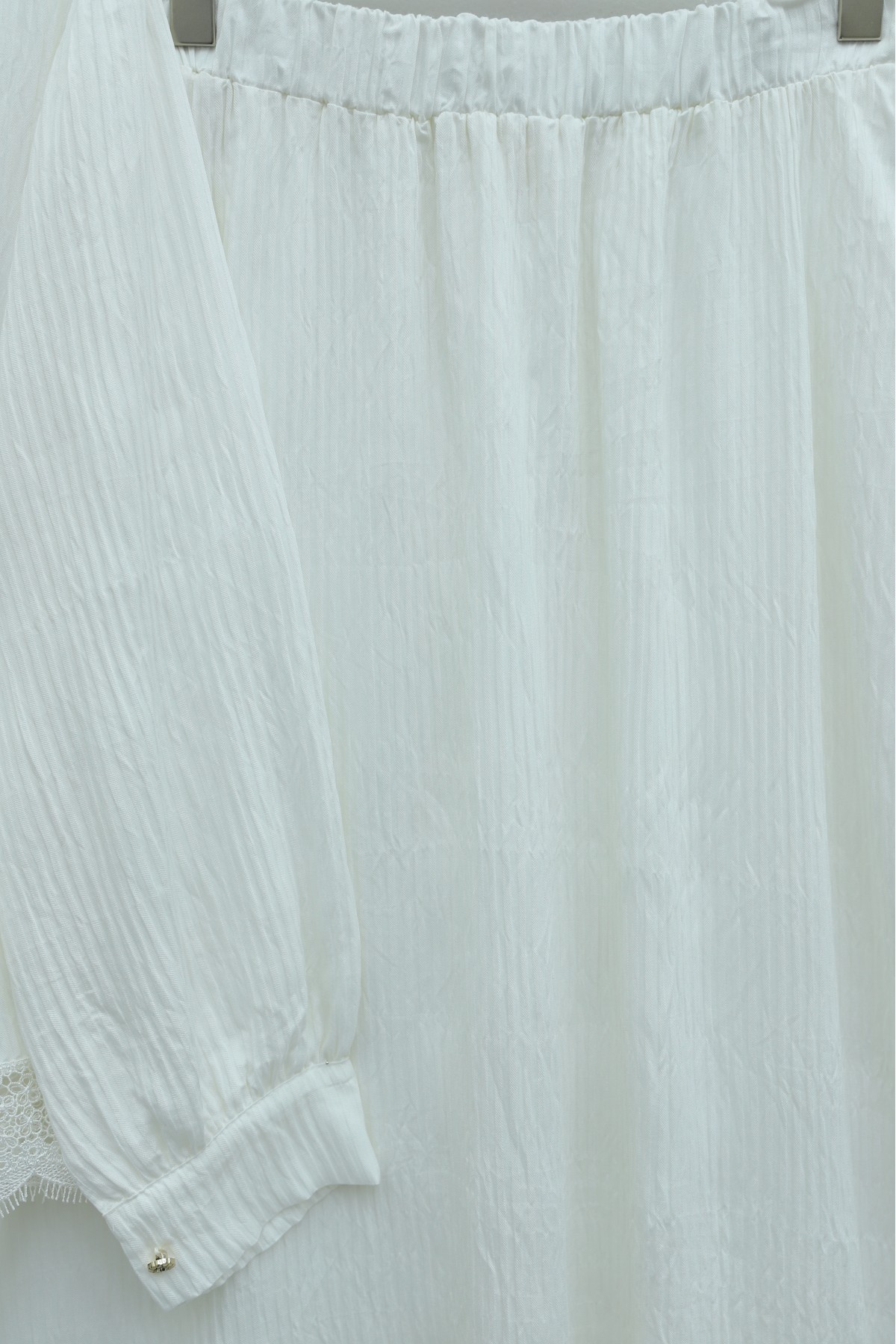 Crepe Set with Lace Trim and Pleated Skirt, Tie Neckline and Waist -Ecru