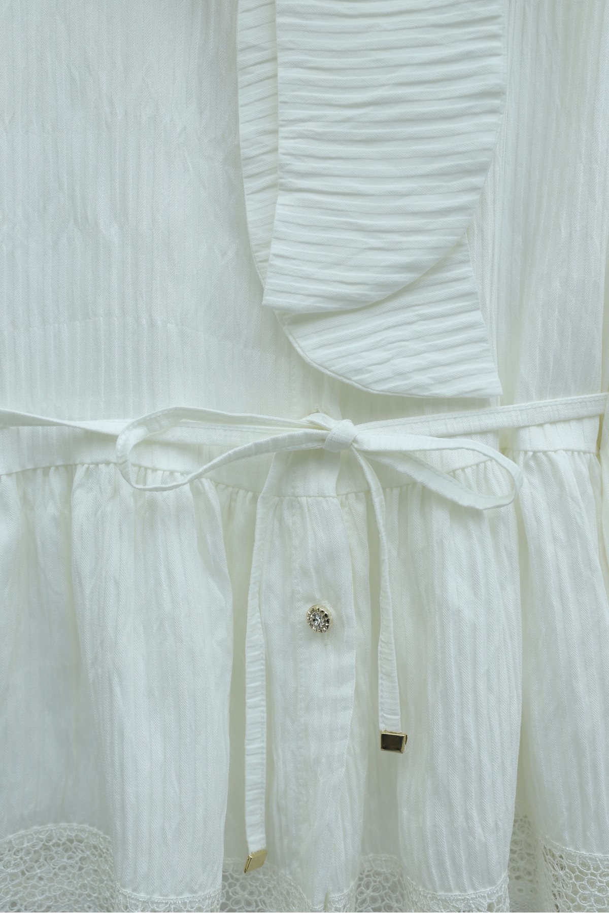 Crepe Set with Lace Trim and Pleated Skirt, Tie Neckline and Waist -Ecru