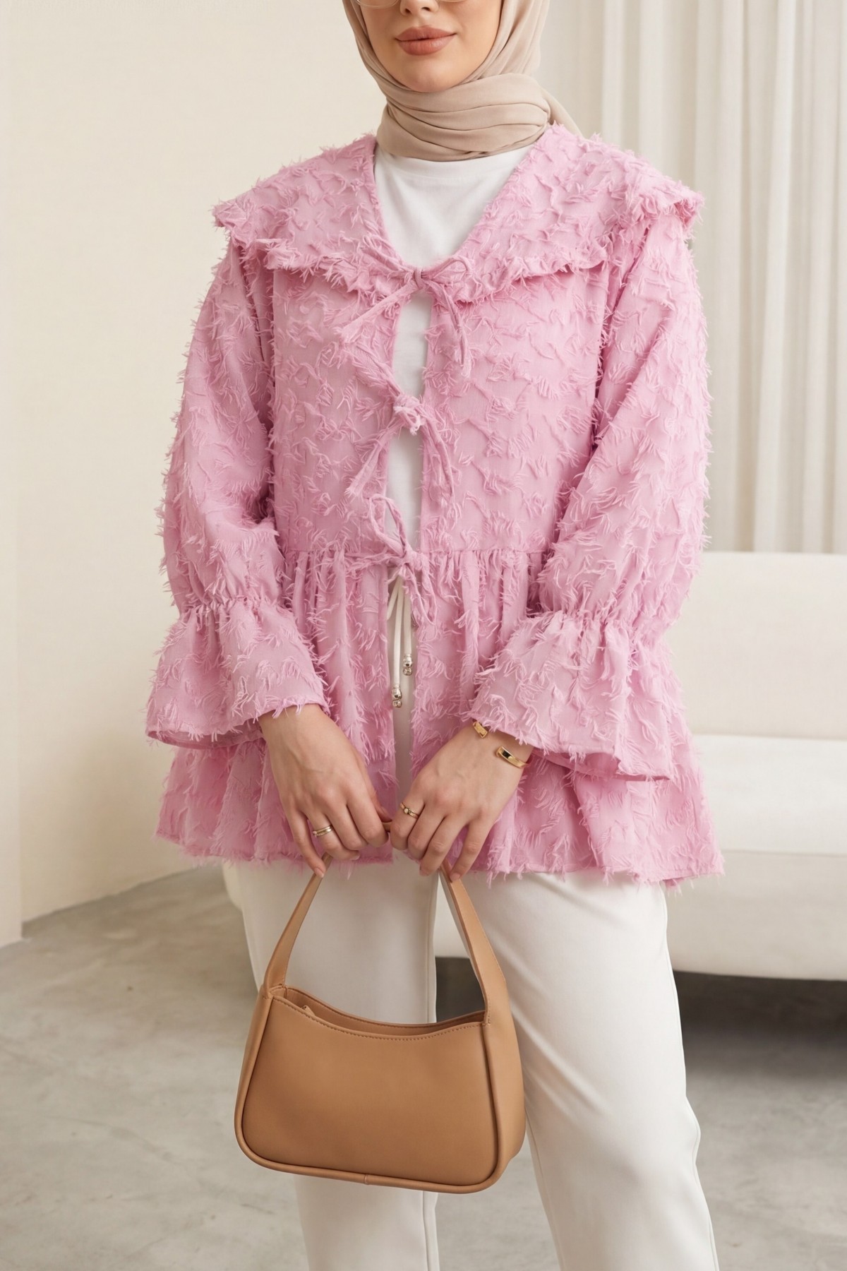Front Lace-Up, Fluffy Textured Clip Jacquard Kimono -Pink