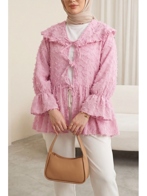 كيمونو من الجاكار بمشبك أمامي برباط، ومشبك منفوش. -وردي