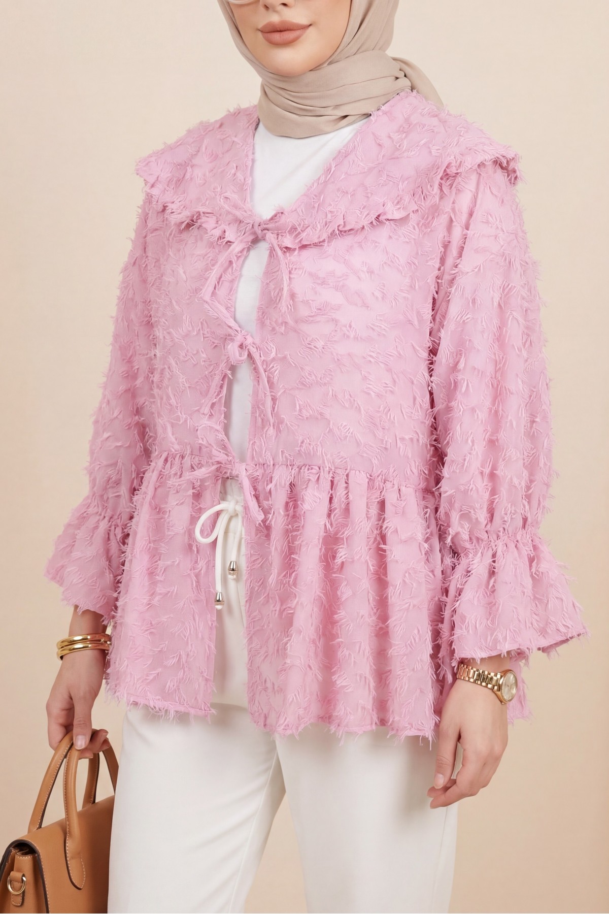 Front Lace-Up, Fluffy Textured Clip Jacquard Kimono -Pink
