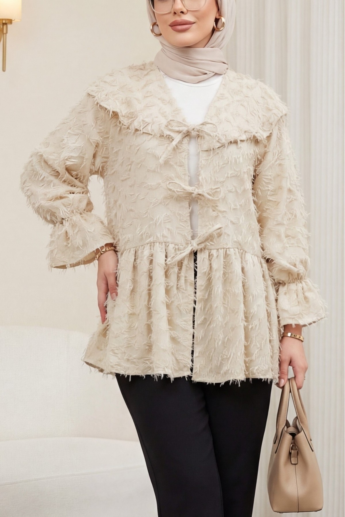 Front Lace-Up, Fluffy Textured Clip Jacquard Kimono - Beige