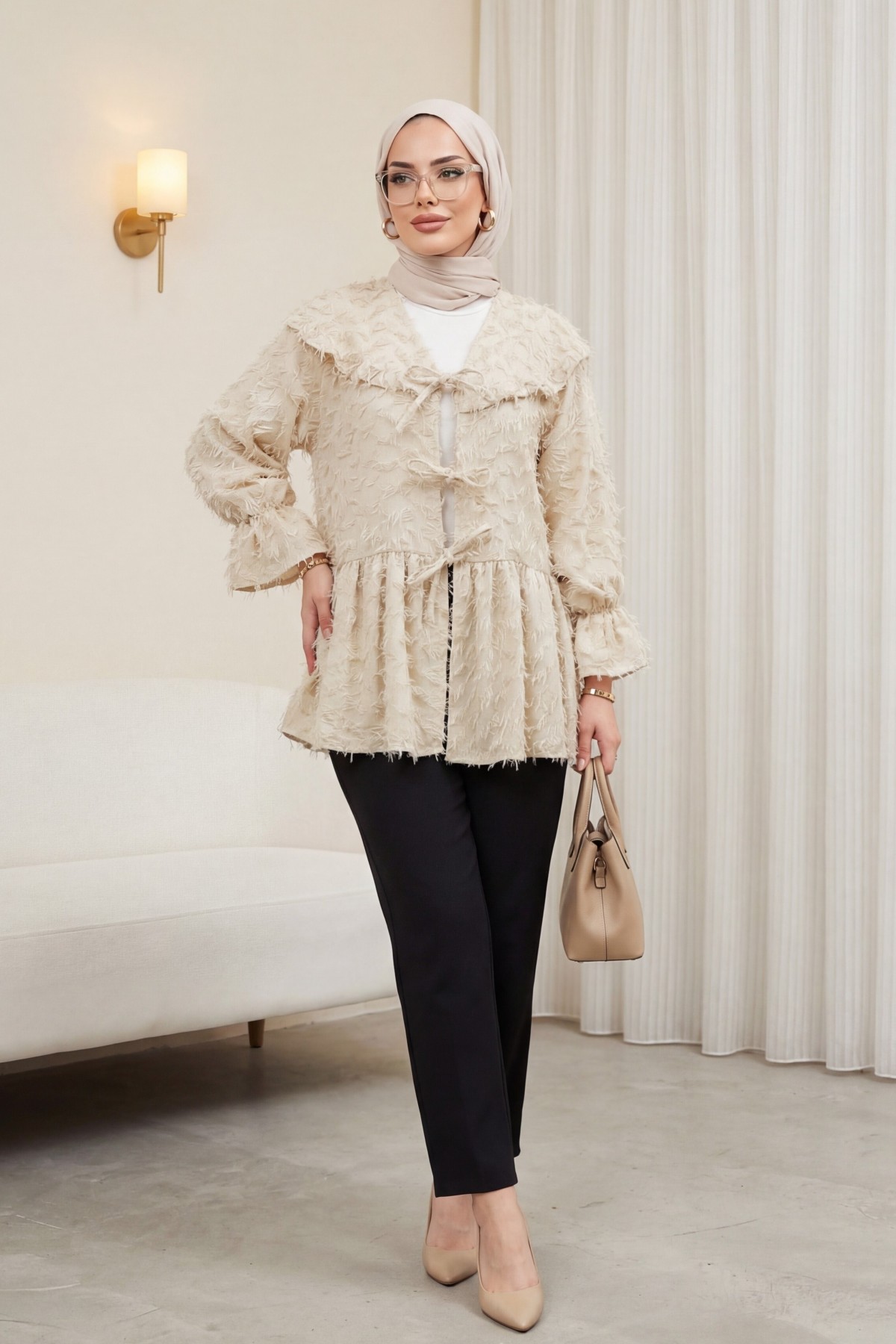 Front Lace-Up, Fluffy Textured Clip Jacquard Kimono - Beige