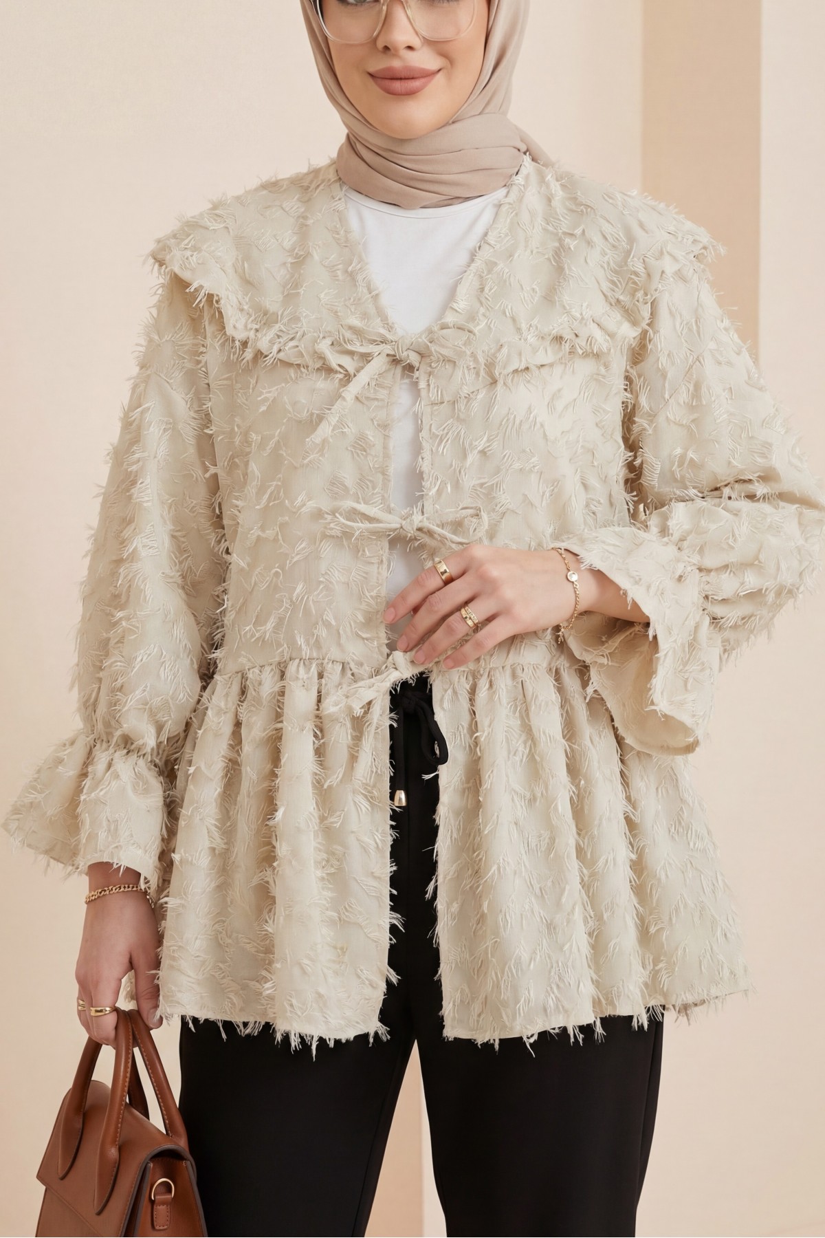 Front Lace-Up, Fluffy Textured Clip Jacquard Kimono - Beige
