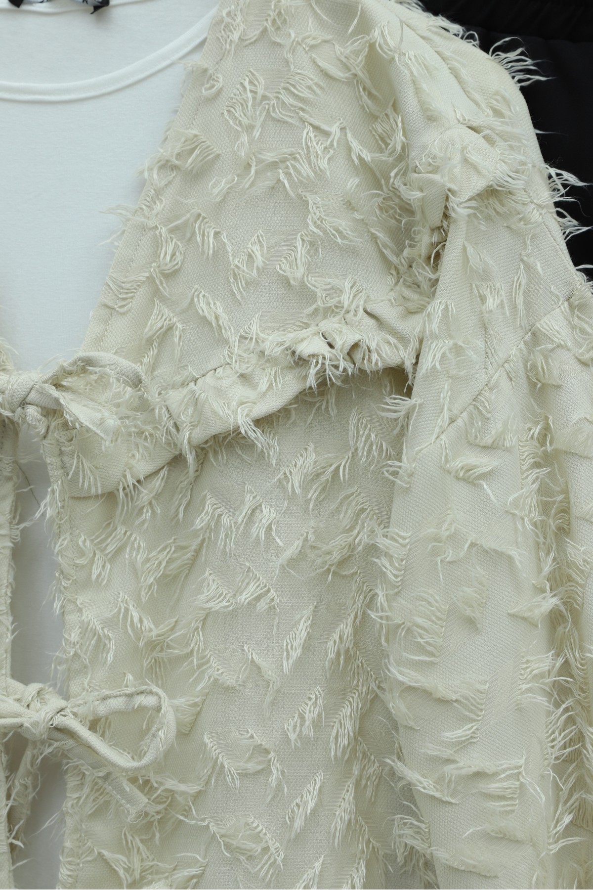 Front Lace-Up, Fluffy Textured Clip Jacquard Kimono - Beige