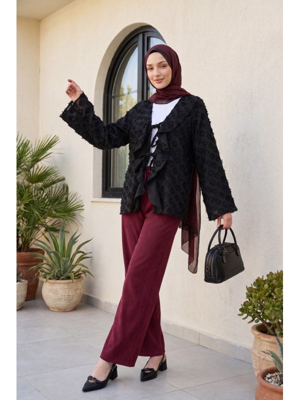 Önü Bağlamalı Fırfırlı Püsküllü Jakar Kimono  -Siyah