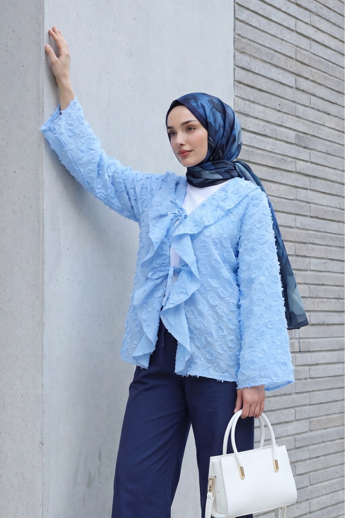Front-tie ruffled and tasseled Jacquard Kimono -Light blue