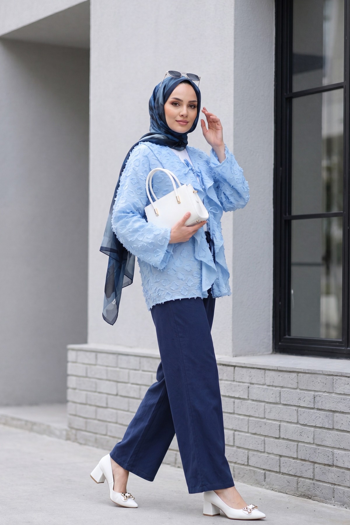 Front-tie ruffled and tasseled Jacquard Kimono -Light blue