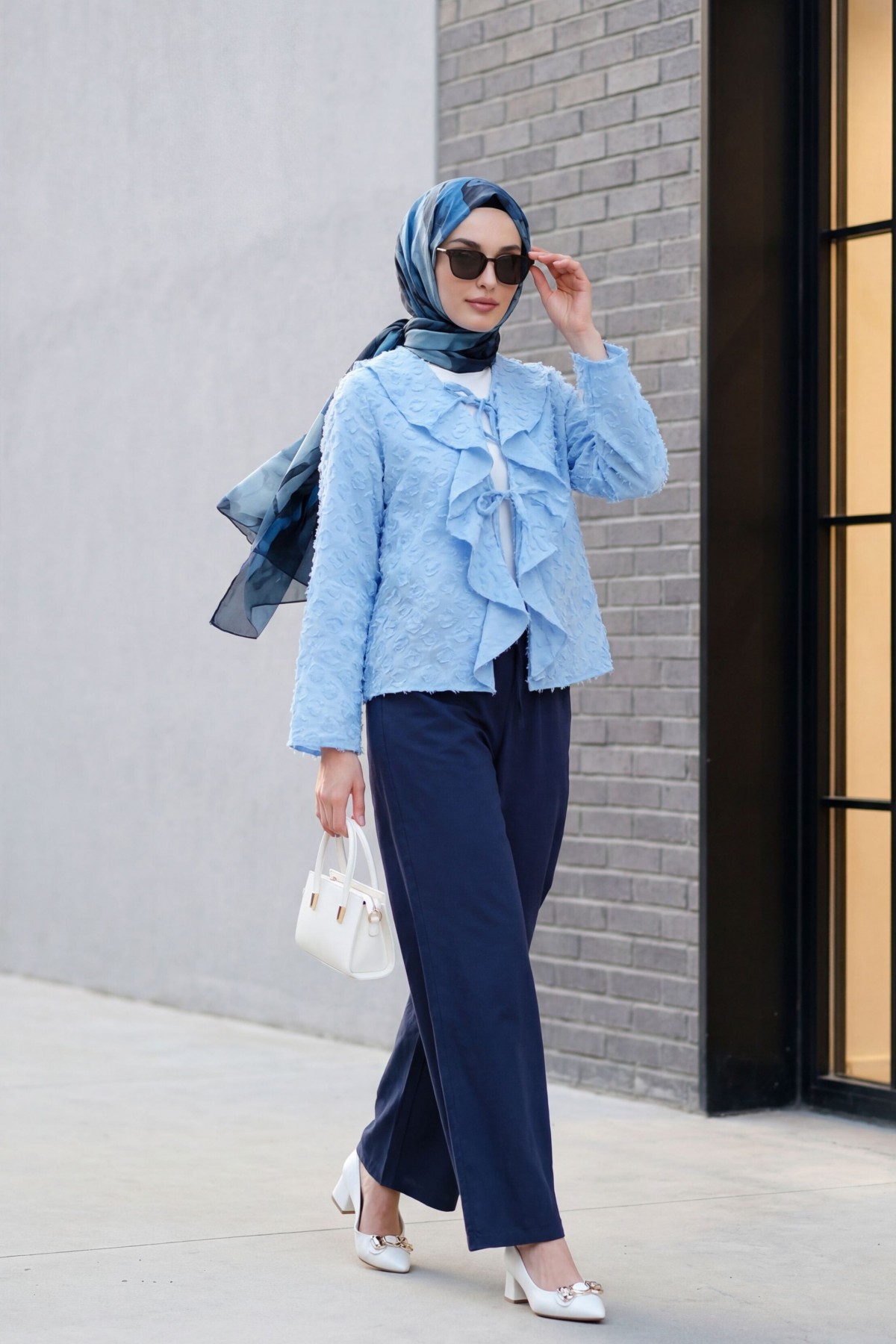 Front-tie ruffled and tasseled Jacquard Kimono -Light blue