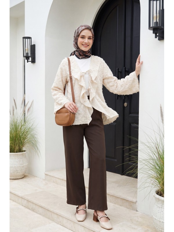 Önü Bağlamalı Fırfırlı Püsküllü Jakar Kimono  -Taş rengi