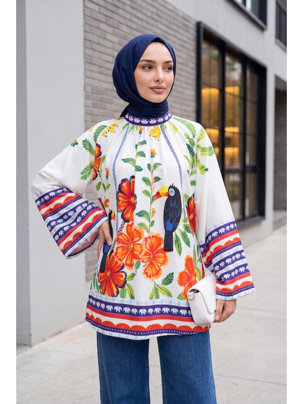 Beli Kuşaklı Oversize Geniş Kol Desenli Tunik  -Beyaz