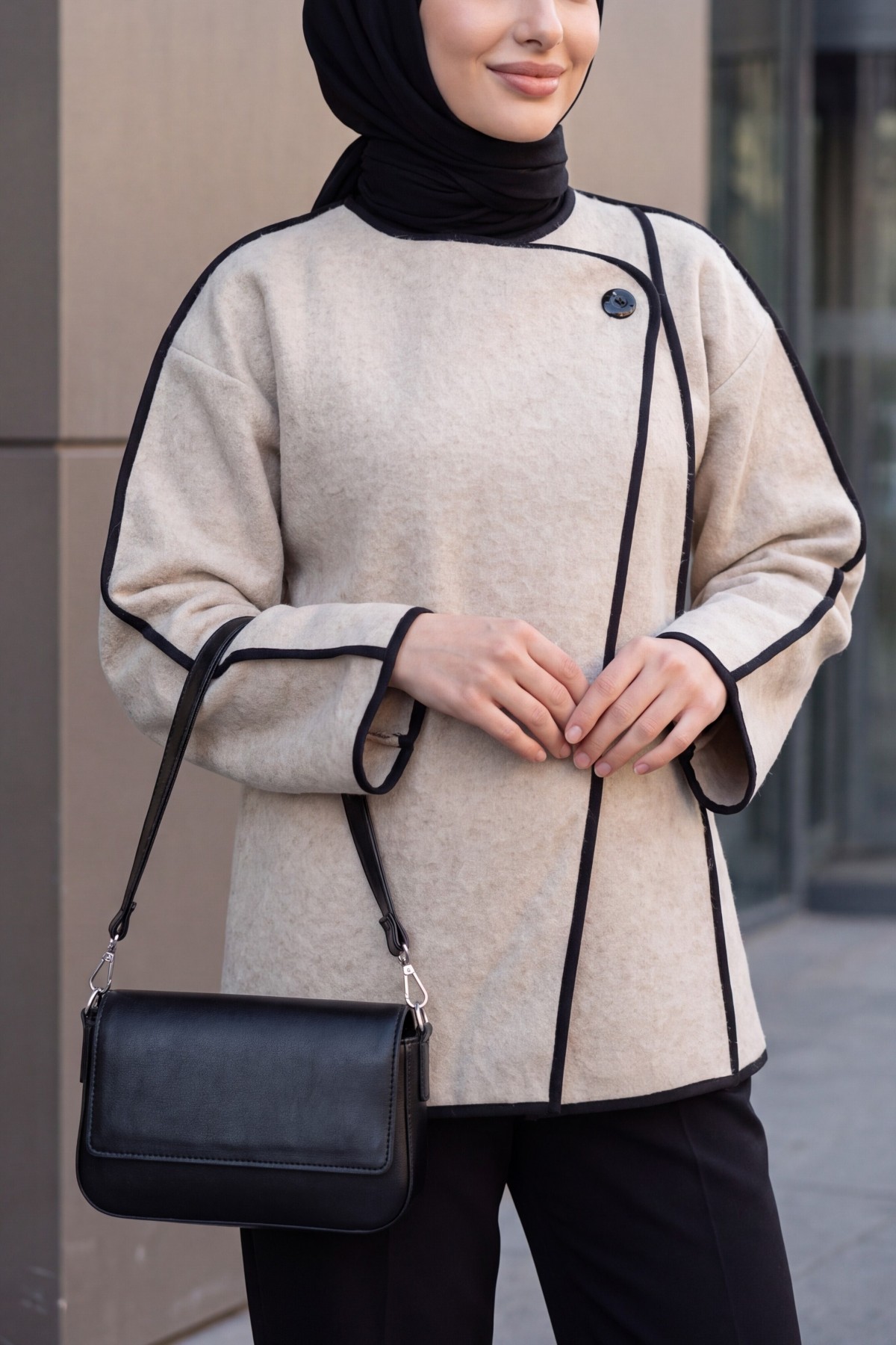 Asymmetric Front-Closure Textured Cardigan -Mink color