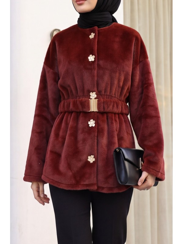 Round-Neck Jacket with Floral Buttons, Elasticized Waist, and Belt -Maroon
