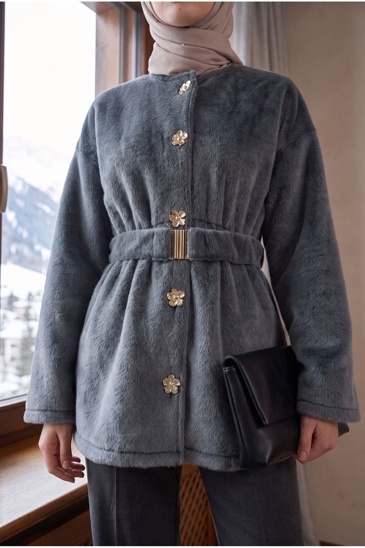 Round-Neck Jacket with Floral Buttons, Elasticized Waist, and Belt -Smoked 