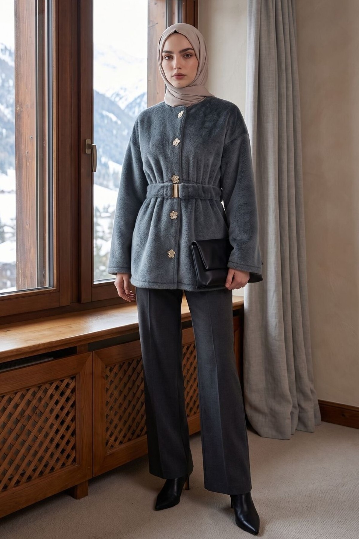Round-Neck Jacket with Floral Buttons, Elasticized Waist, and Belt -Smoked 