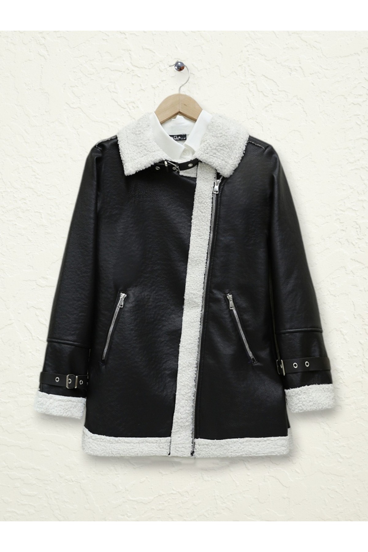 جاكيت جلدي داخلي من القطيفة بسحاب -أبيض سكري