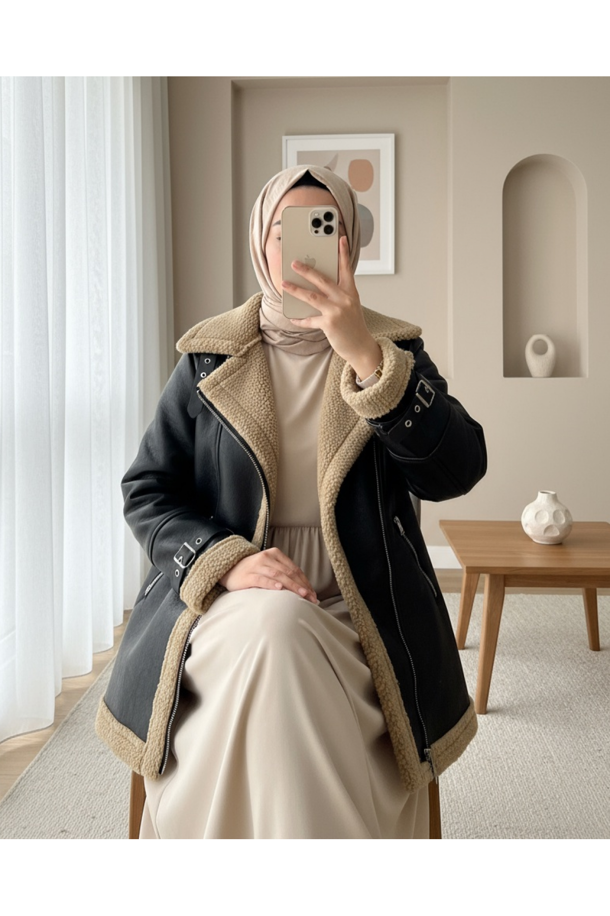 جاكيت جلدي داخلي من القطيفة بسحاب -قهوة مفتوحة