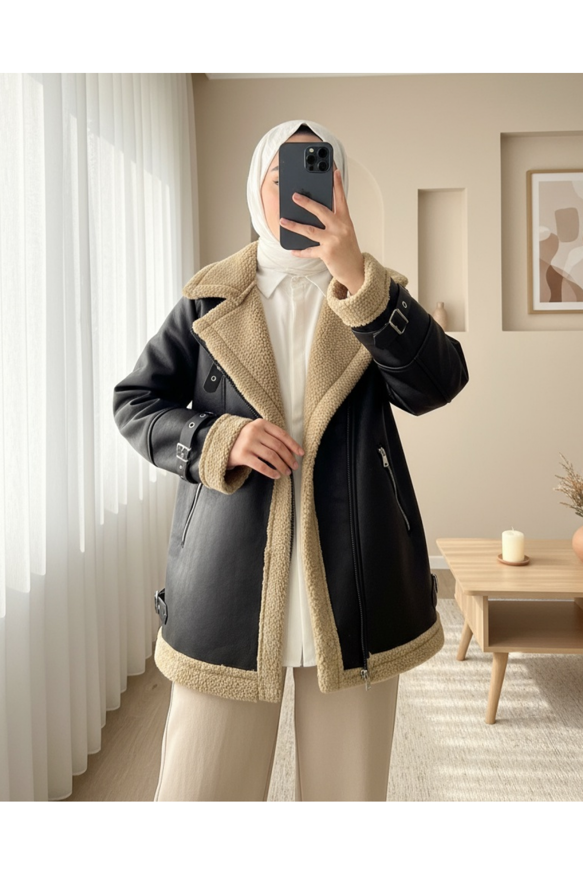 جاكيت جلدي داخلي من القطيفة بسحاب -قهوة مفتوحة