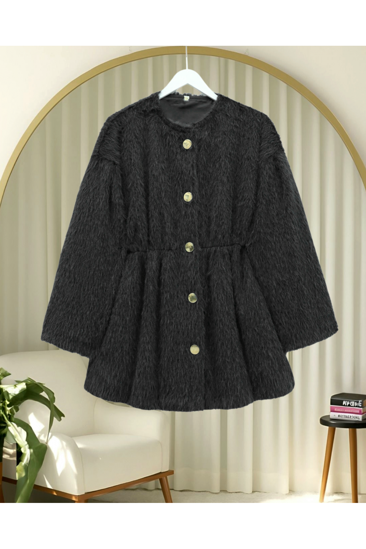 Furry Jacket with Lining and Drawstring Waist -Black