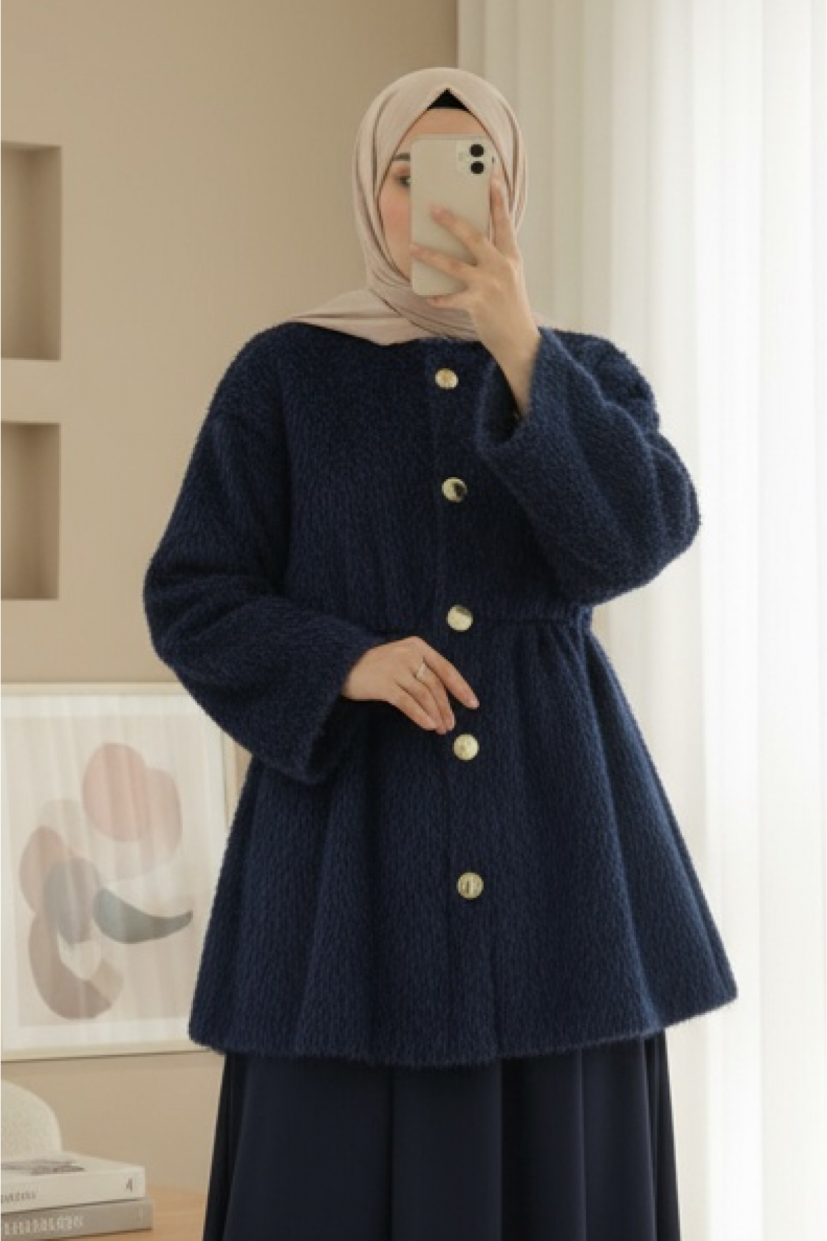 Furry Jacket with Lining and Drawstring Waist -Navy blue
