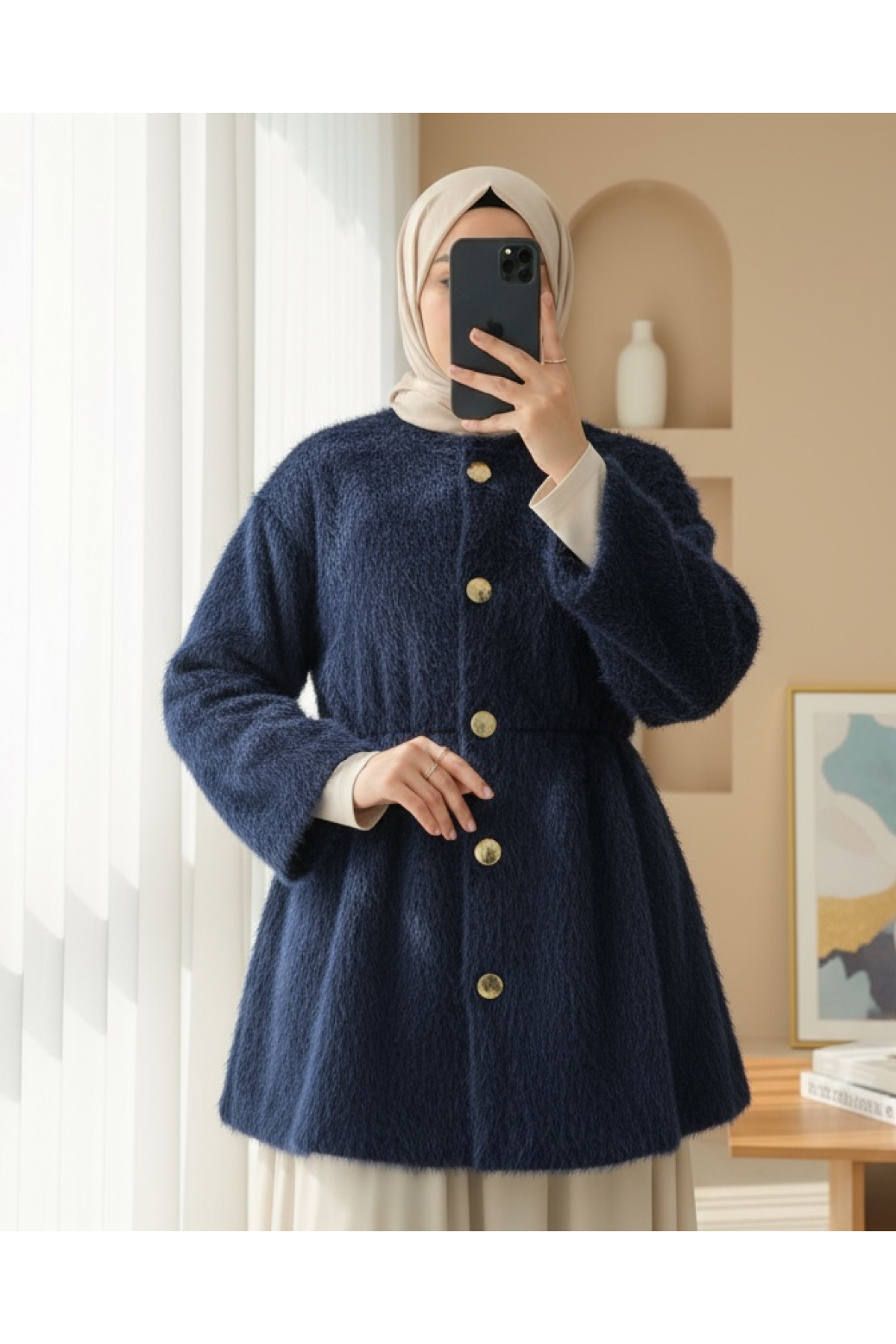 Furry Jacket with Lining and Drawstring Waist -Navy blue
