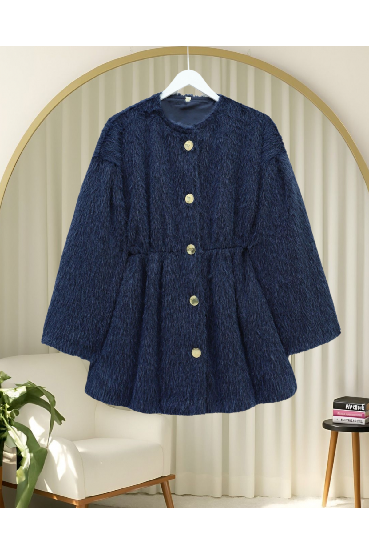 Furry Jacket with Lining and Drawstring Waist -Navy blue