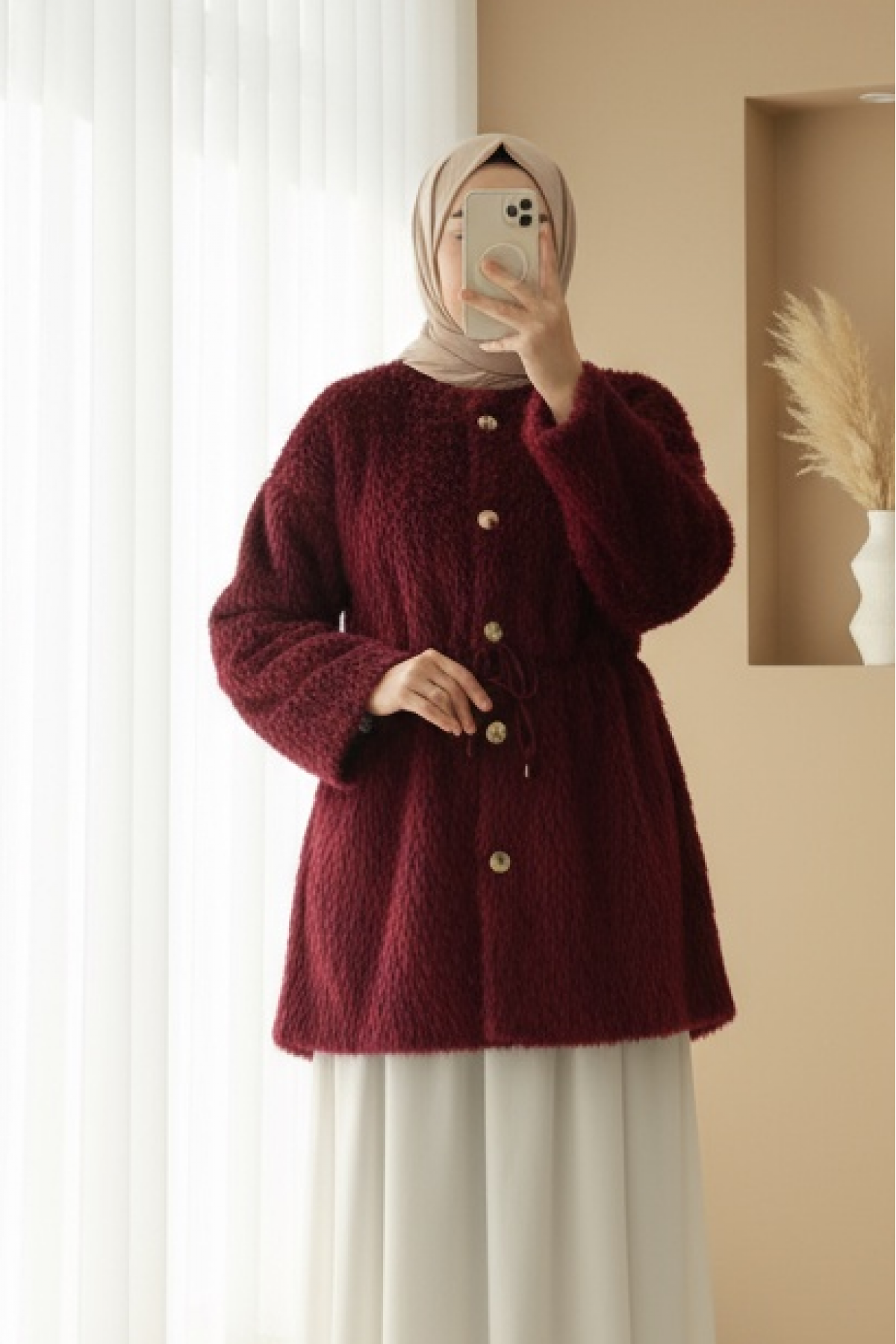 Furry Jacket with Lining and Drawstring Waist -Maroon