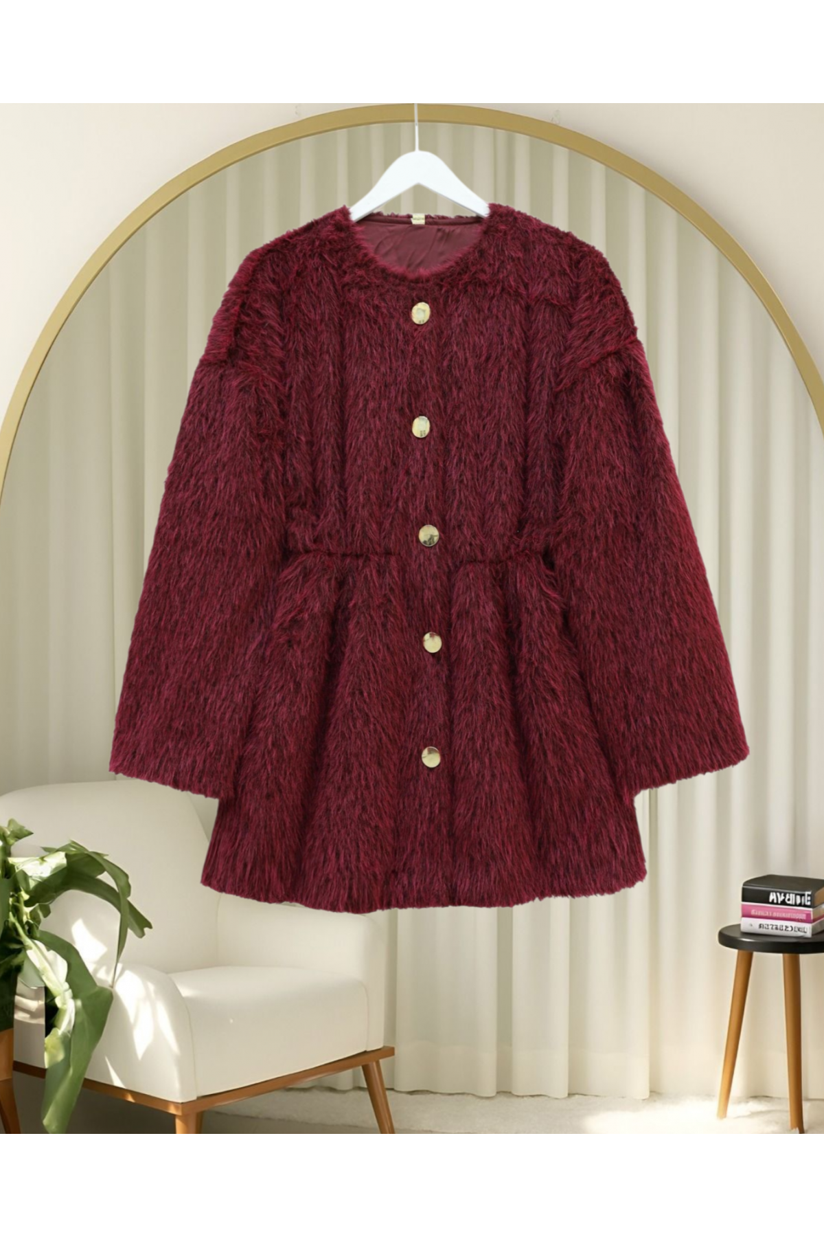 Furry Jacket with Lining and Drawstring Waist -Maroon
