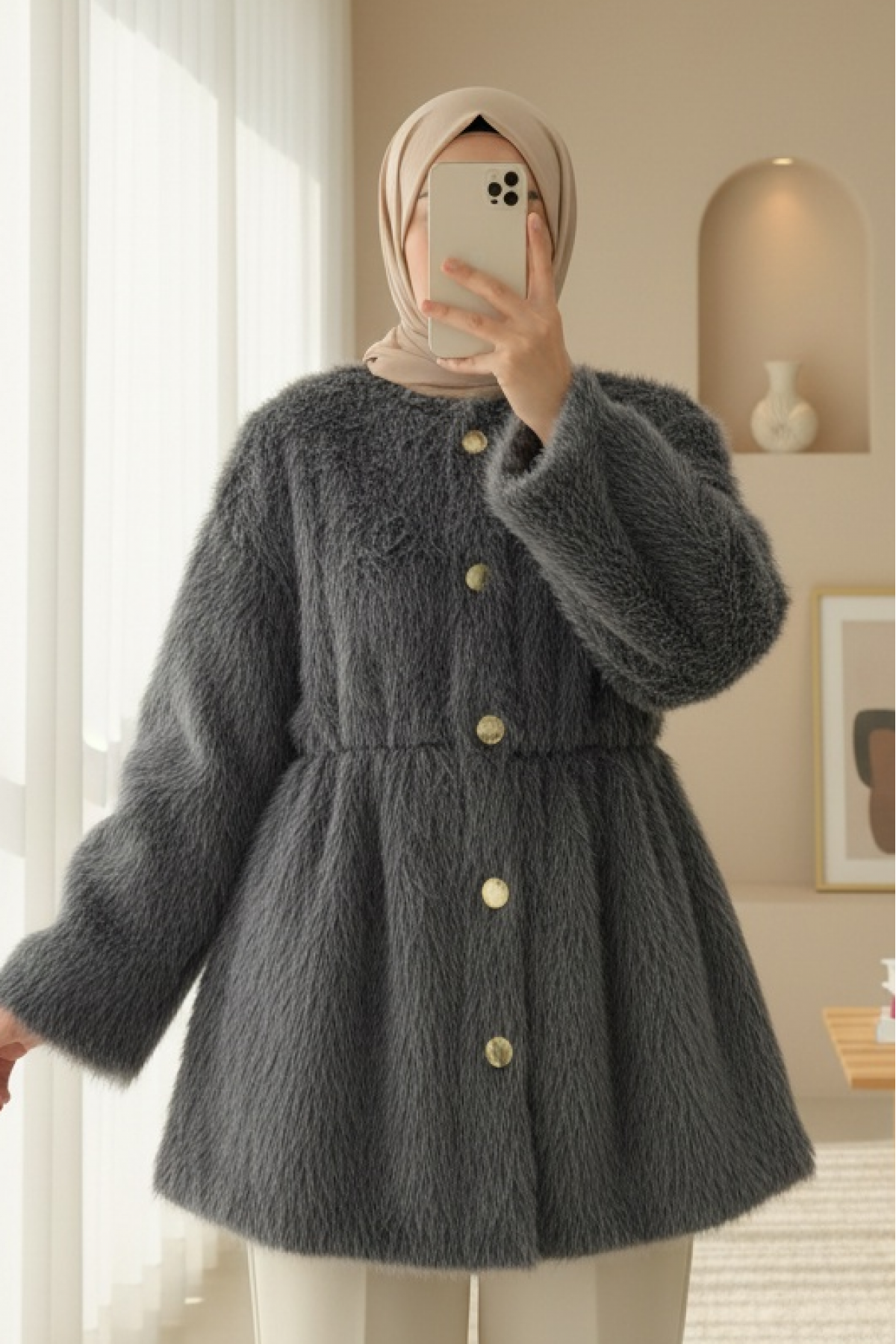 Furry Jacket with Lining and Drawstring Waist -Smoked 