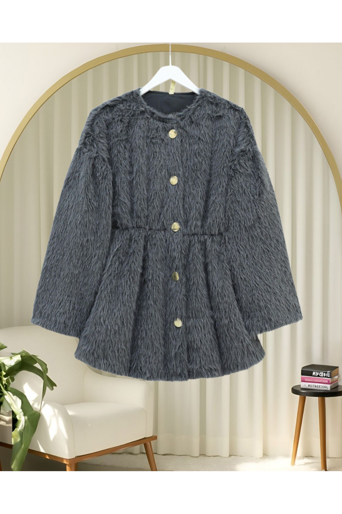 Furry Jacket with Lining and Drawstring Waist -Smoked 