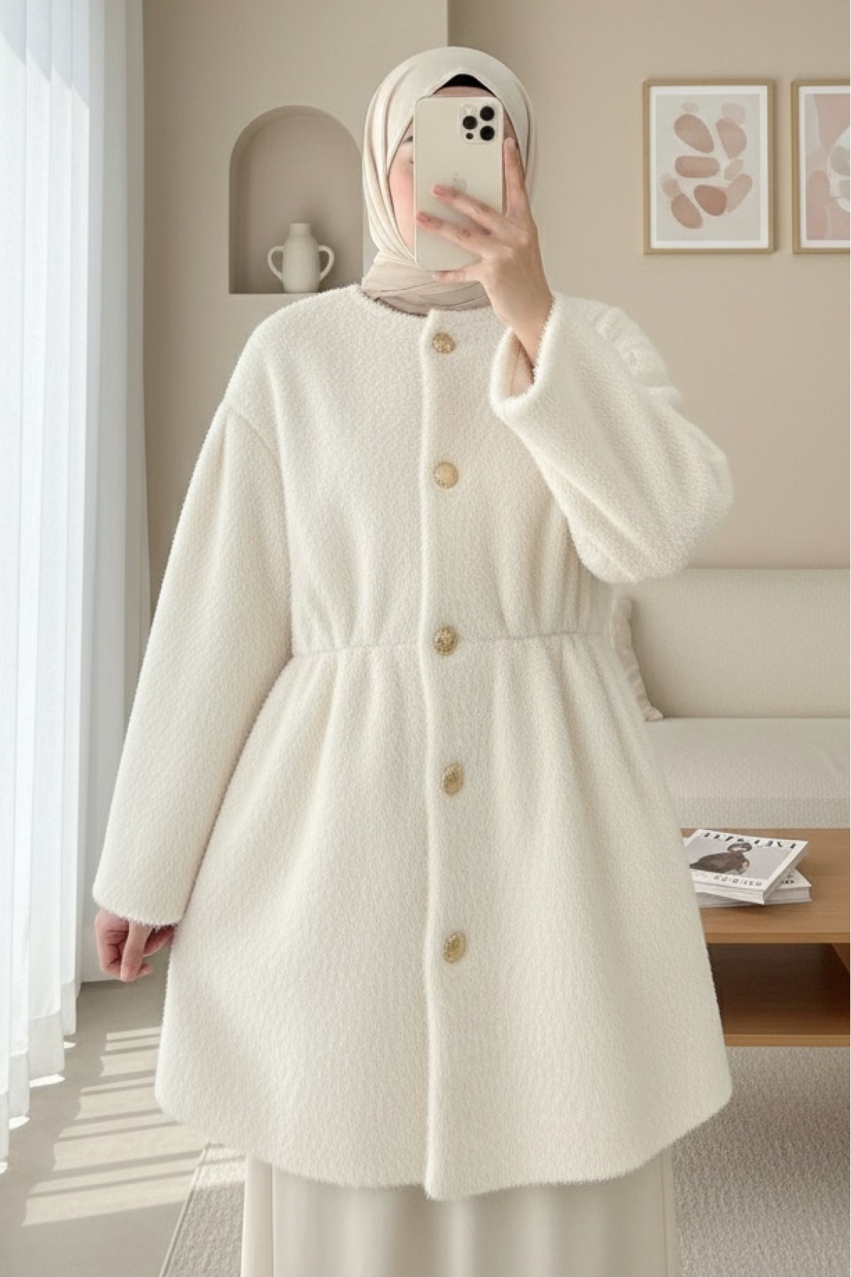 Furry Jacket with Lining and Drawstring Waist  -Cream color