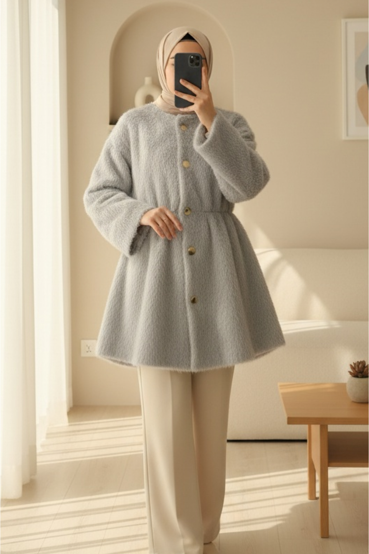 Furry Jacket with Lining and Drawstring Waist - Light grey