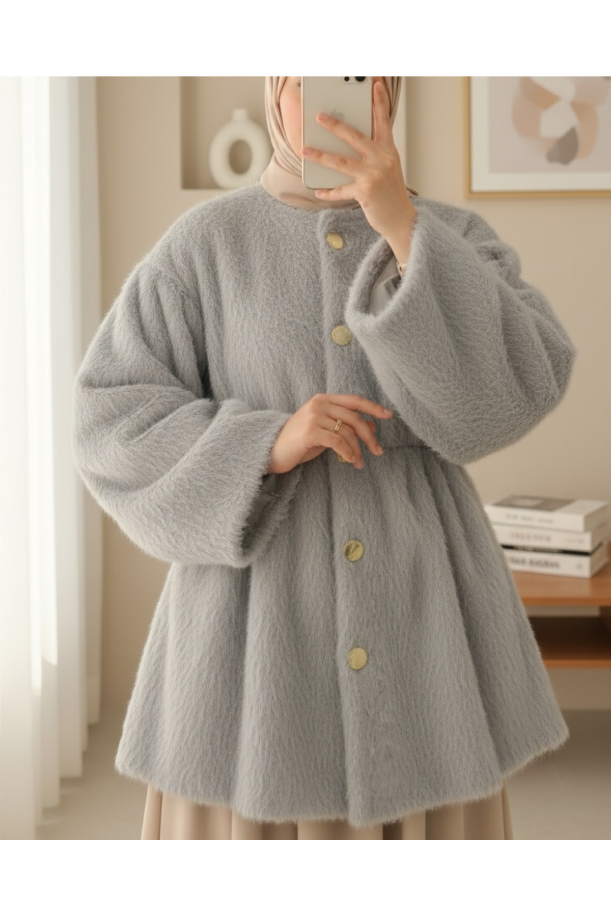 Furry Jacket with Lining and Drawstring Waist - Light grey