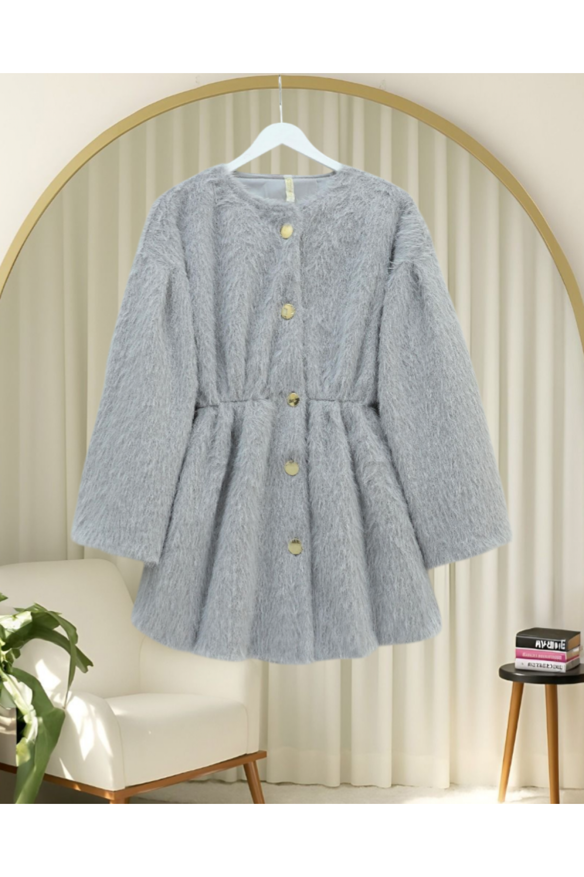 Furry Jacket with Lining and Drawstring Waist - Light grey