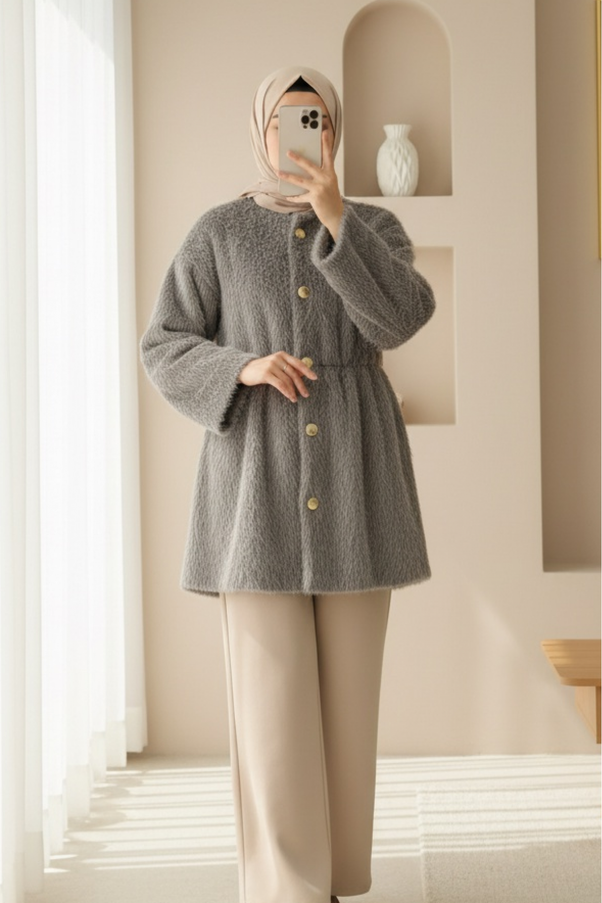 Furry Jacket with Lining and Drawstring Waist - Soil