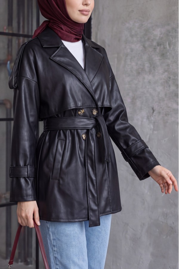 Leather Trench Coat with Bolero, Epaulettes, Belted Waist, and Pockets -Black