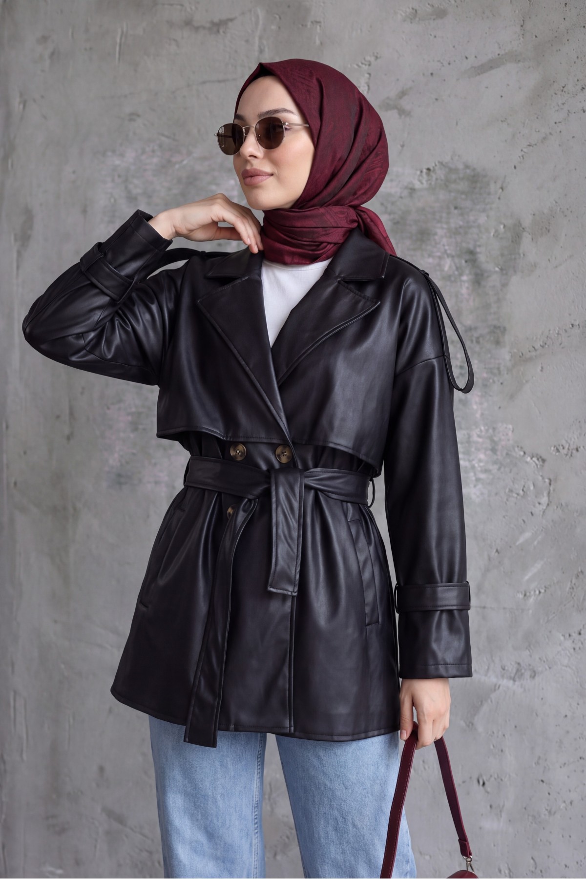 Leather Trench Coat with Bolero, Epaulettes, Belted Waist, and Pockets -Black
