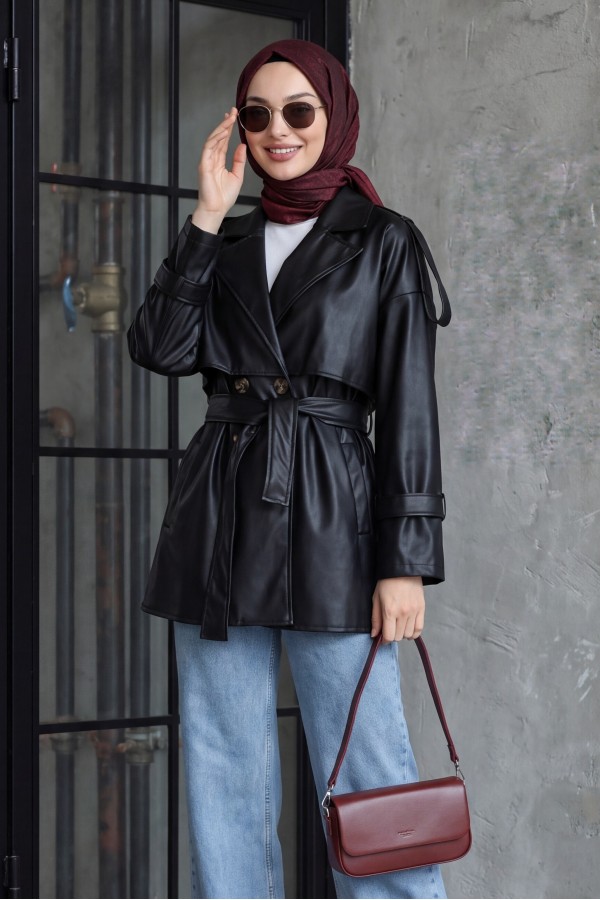 Leather Trench Coat with Bolero, Epaulettes, Belted Waist, and Pockets -Black